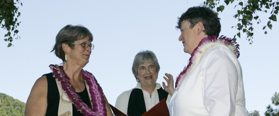 Pastora da PCUSA, Jane Spahr (ao centro) celebra um casamento homossexual, entre Sherrie Holmes (esquerda) e Sara Taylor (direita).