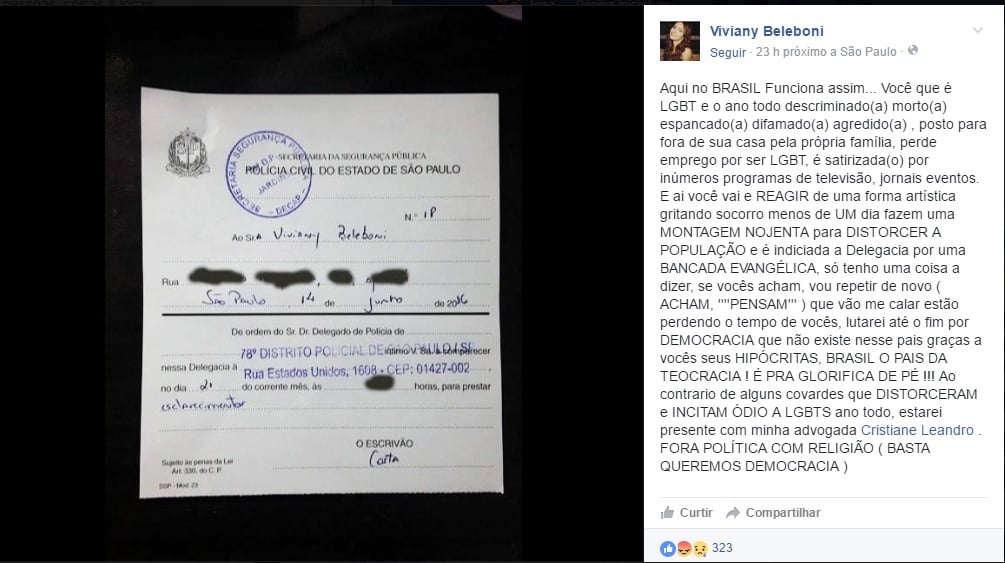 O transexual chegou a criticar a intimação em um post de sua página das mídias sociais. (Foto: Facebook)