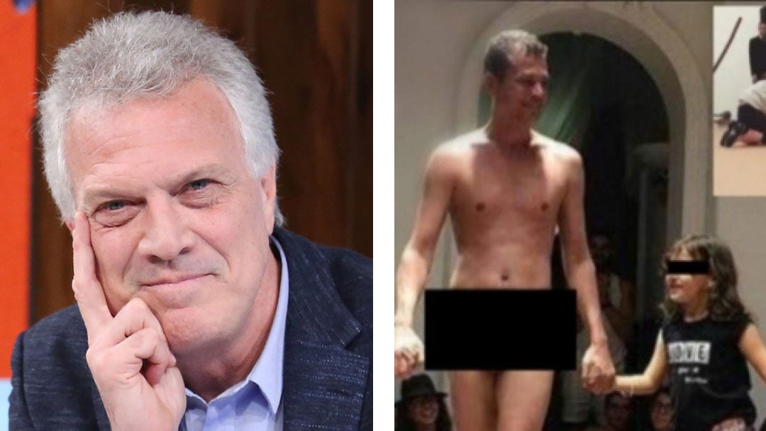 Pedro Bial (esquerda) e performance de homem nu com crianças no MAM (direita). (Imagem - Edição: Guiame)