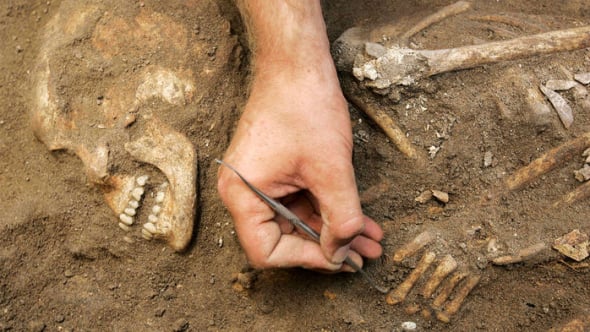 Arqueólogos descobrem esqueleto humano, do período cananeu de 1.800 a.C. (Foto: REUTERS/ ALI HASHISHO)