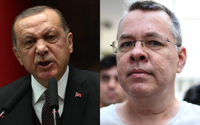 Erdoğan, presidente da Turquia (esquerda) e o pastor americano Andrew Brunson (direita). (Fotos: Reprodução).
