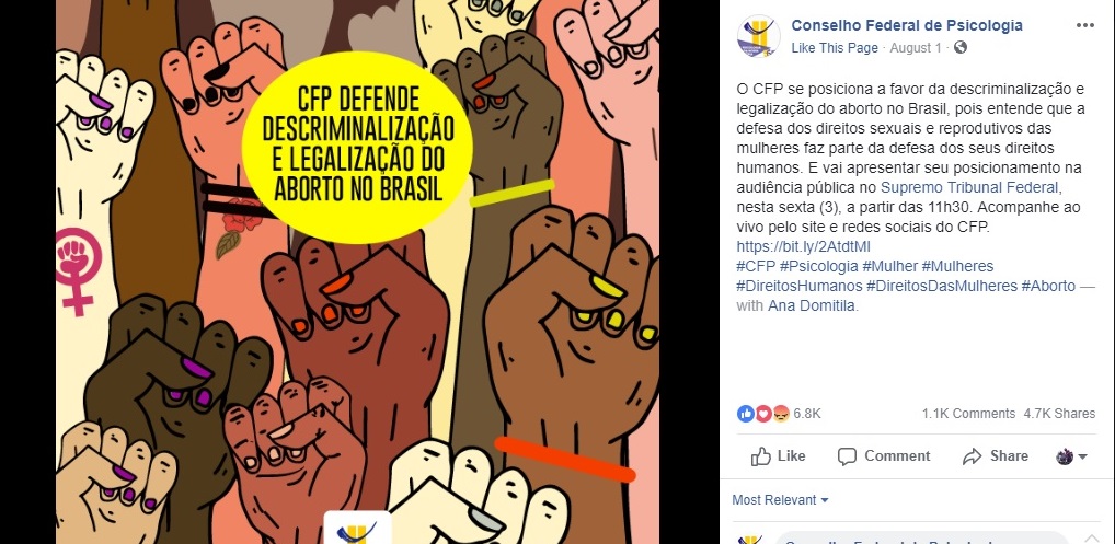 Publicação do Conselho Federal de Psicologia em sua página oficial do Facebook, defendendo abertamente a legalização do aborto. (Foto: Facebook)