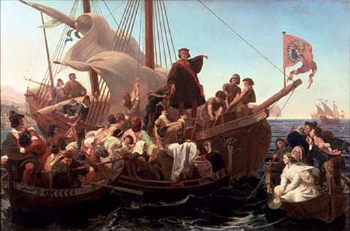 Cristóvão Colombo em navegação no Santa Maria em 1492. Pintura de Emanuel Leutze, em 1855.