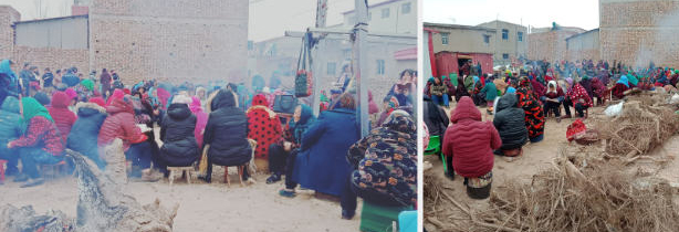 Crentes acendem uma fogueira por causa do frio e fazem culto ao ar livre e em meio a escombros. (Foto: Reprodução/Bitter Winter)