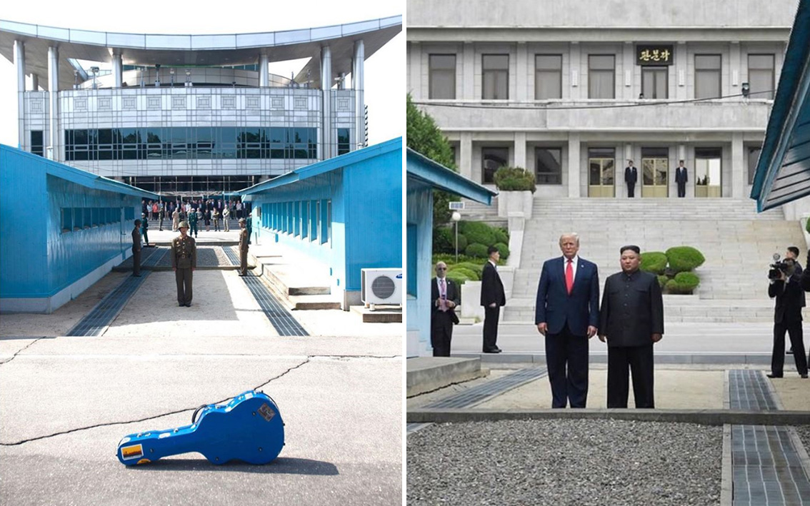 O violão de Steve Feucht na DMZ (à esquerda) e o presidente Donald Trump e o ditador Kim Jon-un se encontram na zona desmilitarizada entre a Coreia do Norte e do Sul. (Foto: Kevin Lamarque/Reuters)