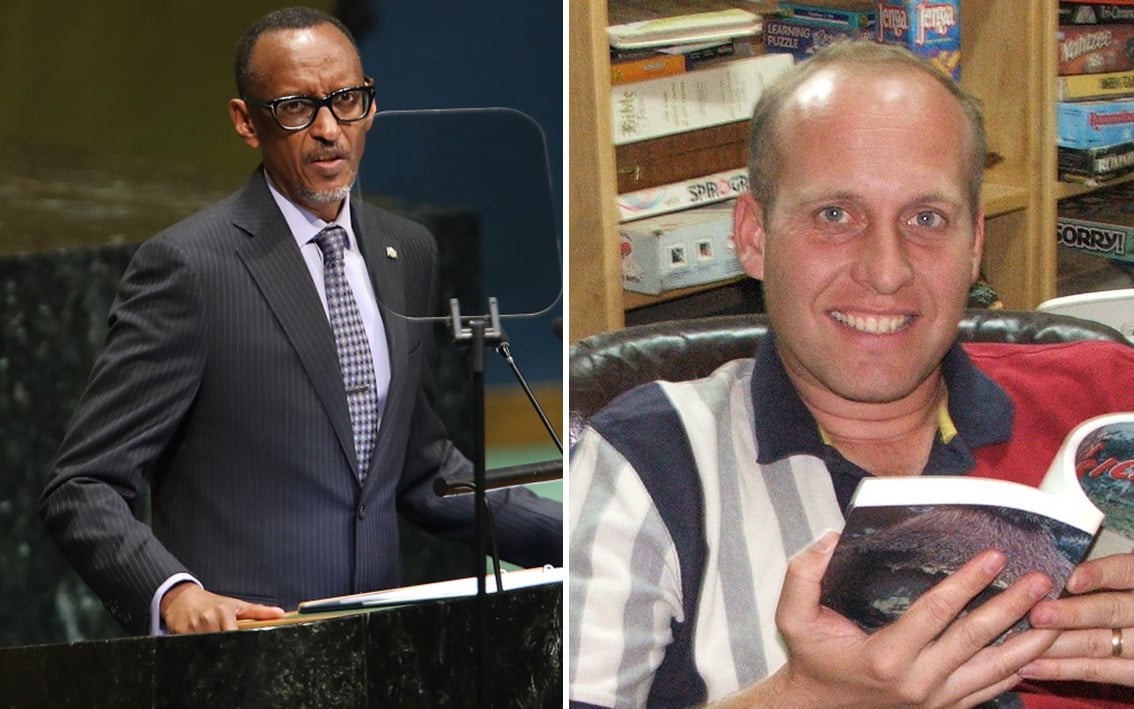 O presidente de Ruanda, Paul Kagame, discursa na 73ª Assembleia da ONU (à direita); o missionário deportado Gregg Schoof. (Foto: Reprodução / Getty Images / Spencer Platt / YouTube)