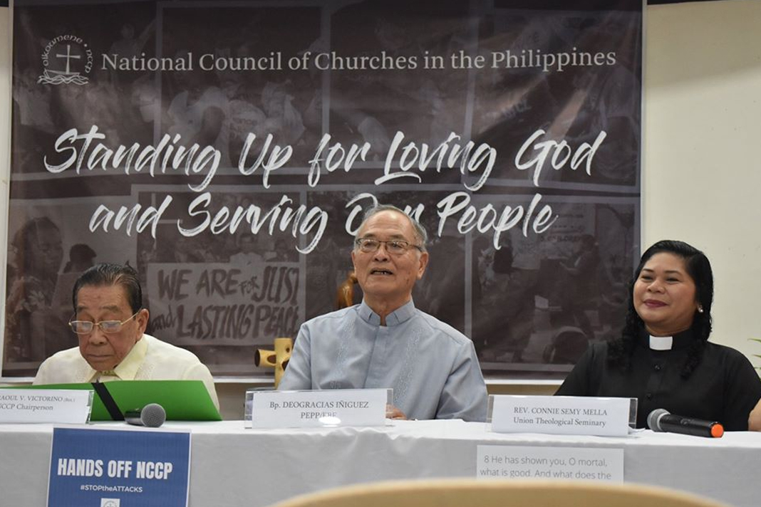 Conselho Nacional de Igrejas nas Filipinas em coletiva de imprensa após ser listado pelo governo como terrorista. (Foto: NCCP)