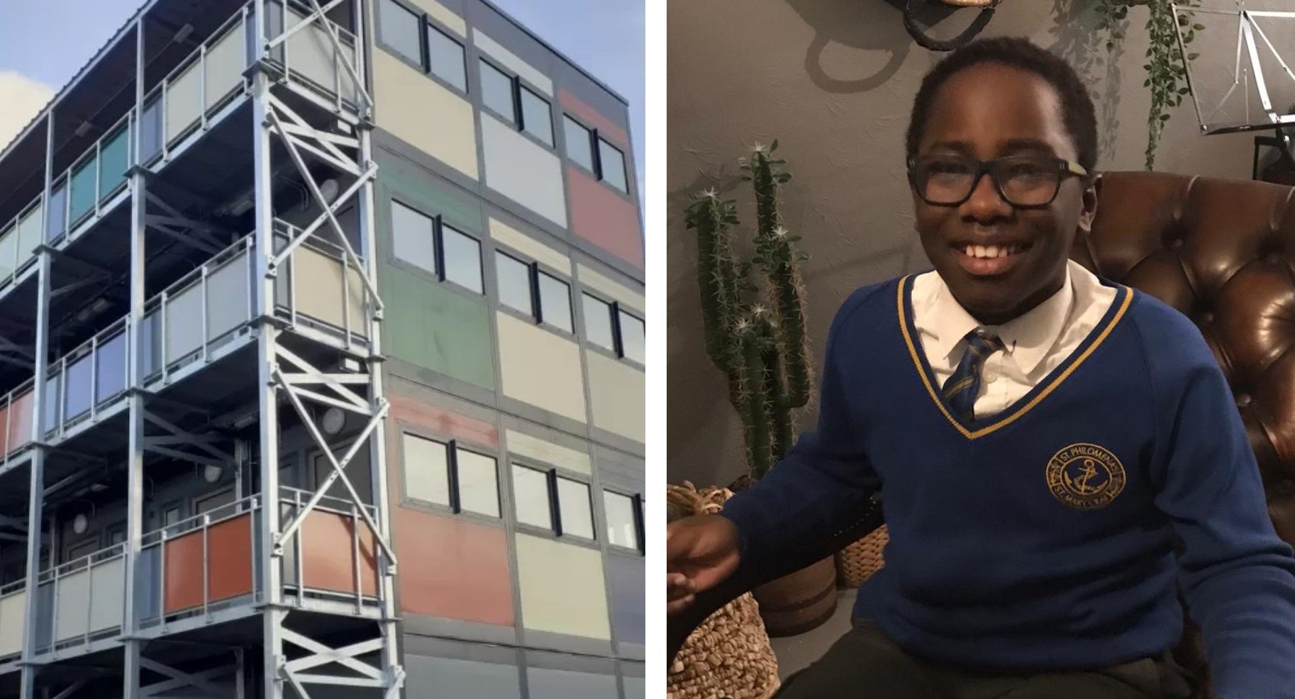 Malachi Justin e o prédio construído com doações iniciadas a partir da oferta do menino de 10 anos. (Foto: Reprodução/Premier)