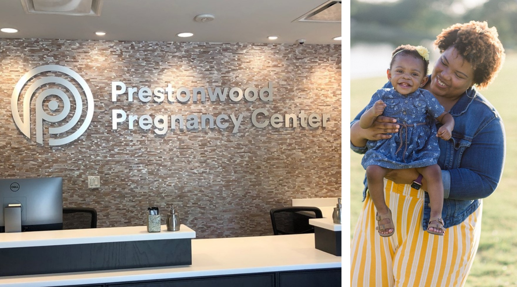 Unidade da Prestonwood Pregnancy Center e uma mãe com seu filho, atendida pela instituição. (Foto: Reprodução / BP Press)