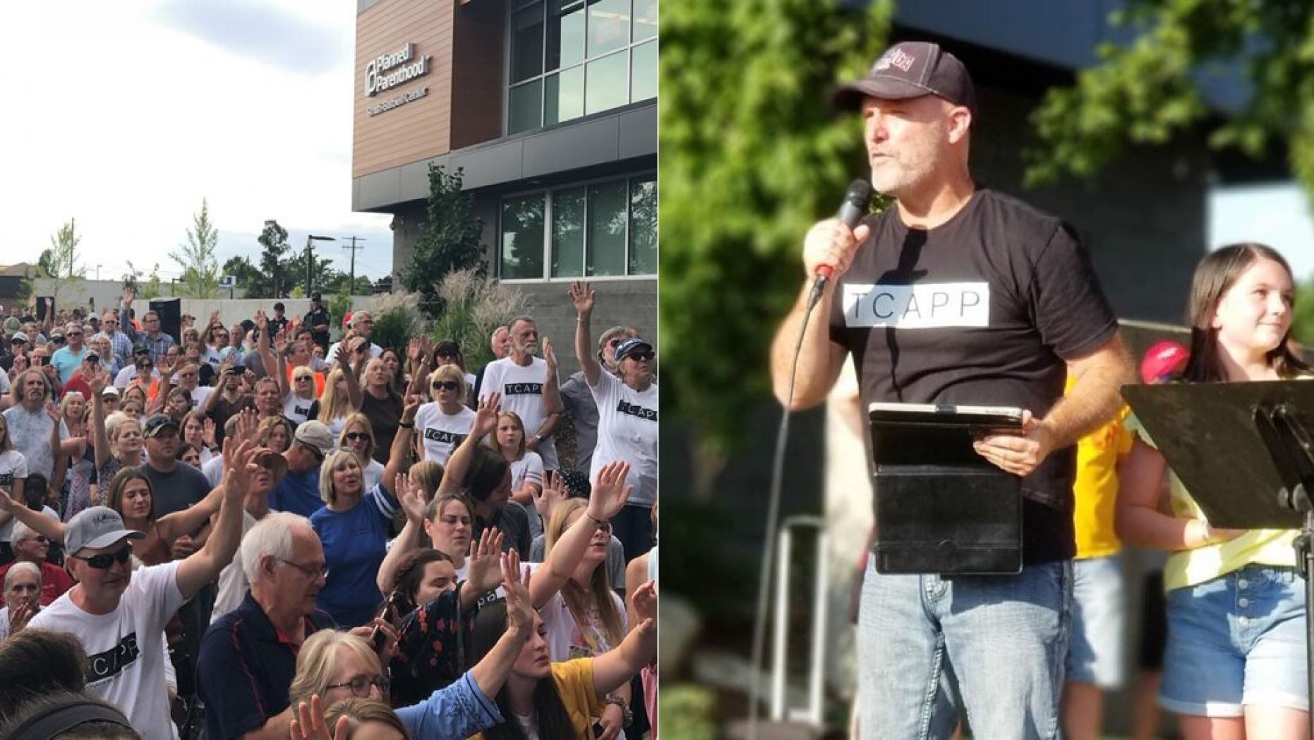 Pastor Ken Peters (direita) prega durante culto realizado ao lado de prédio da Planned Parenthood, em Spokane, Washington, EUA. (Foto: Christine Stickelmeyer/TCAPP)