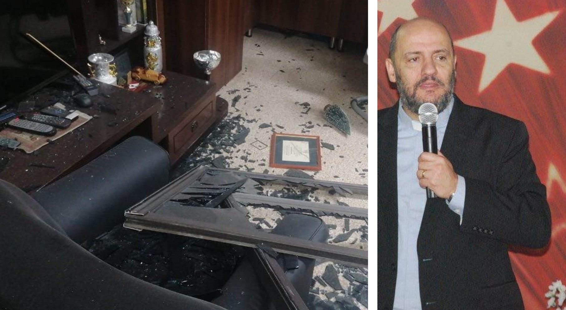 Pastor Said Deeb e imagem do escritório da igreja após as explosões. (Foto: Reprodução / Facebook)
