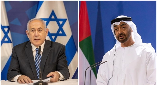 Premiê de Israel, Benjamin Netanyahu, e xeique Mohammed Bin Zayed, dos Emirados Árabes. (Fotos: Reprodução / EFE)
