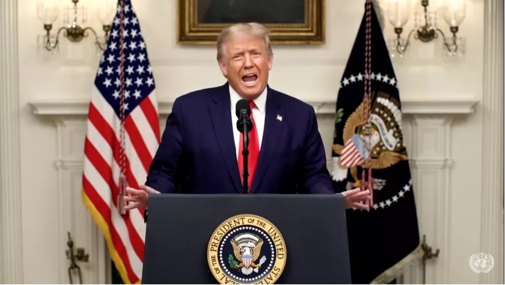 Trump em seu discurso na Assembleia Geral da ONU, em 22 de setembro de 2020. (Foto: Reprodução / G1)