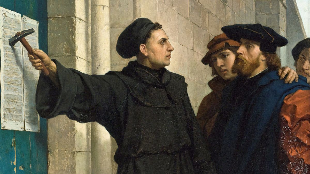 Martinho Lutero pregando as 95 teses na porta da igreja em Wittenberg, na Alemanha.