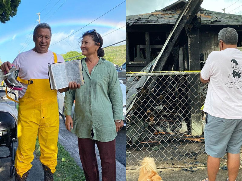 Tony e Tammy Moniz, pais de Kelia Moniz, com a foto da Bíblia intacta; o pai da surfista em frente à casa da família, destruída pelo fogo. (Foto: Reprodução / Instagram).