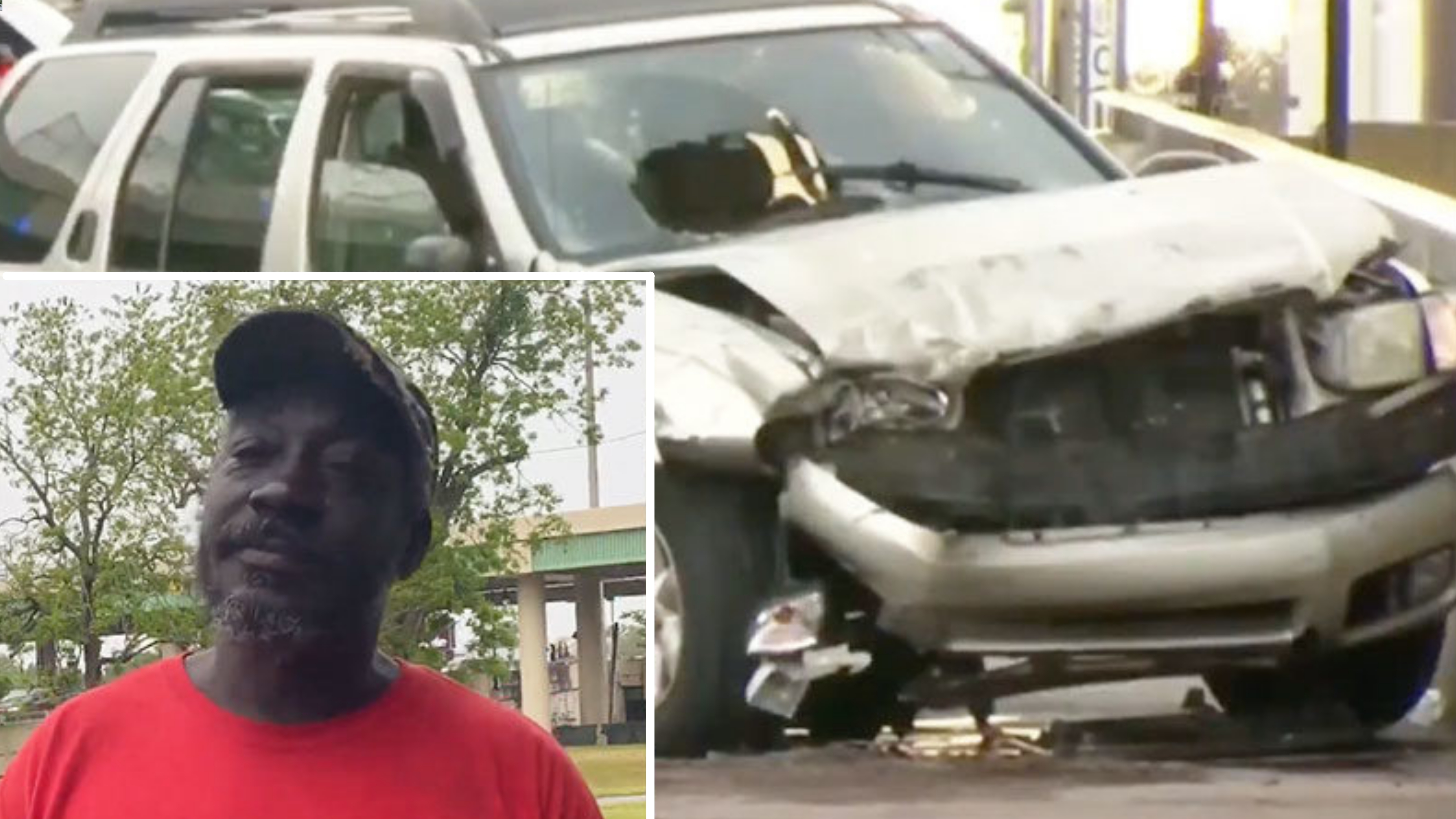 Freddie Finkley e o carro acidentado de Eric Lopez. (Foto: Reprodução / GOD TV)