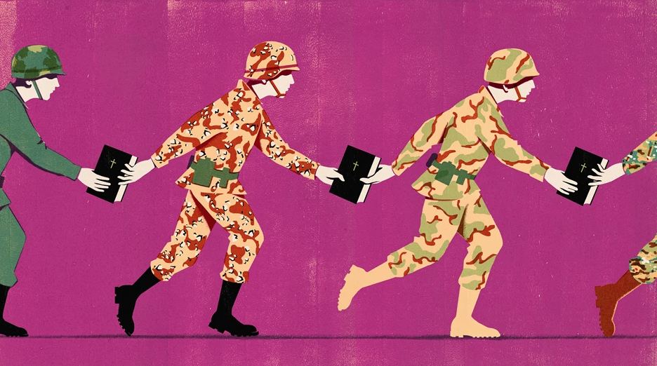 Os soldados carregaram a mesma Bíblia em 11 missões, passando um para o outro. (Ilustração: Dan Bejar)