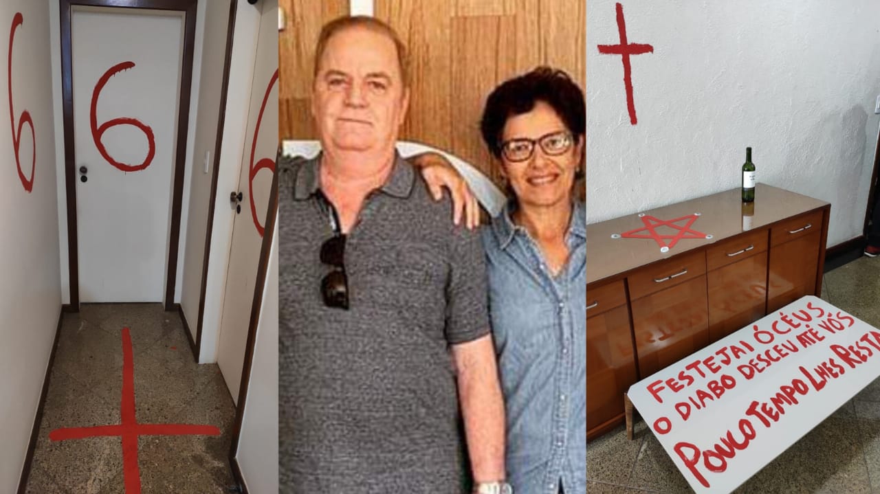  Na cena do crime, a polícia encontrou uma série de mensagens satânicas (Foto: Reprodução/TV Gazeta).