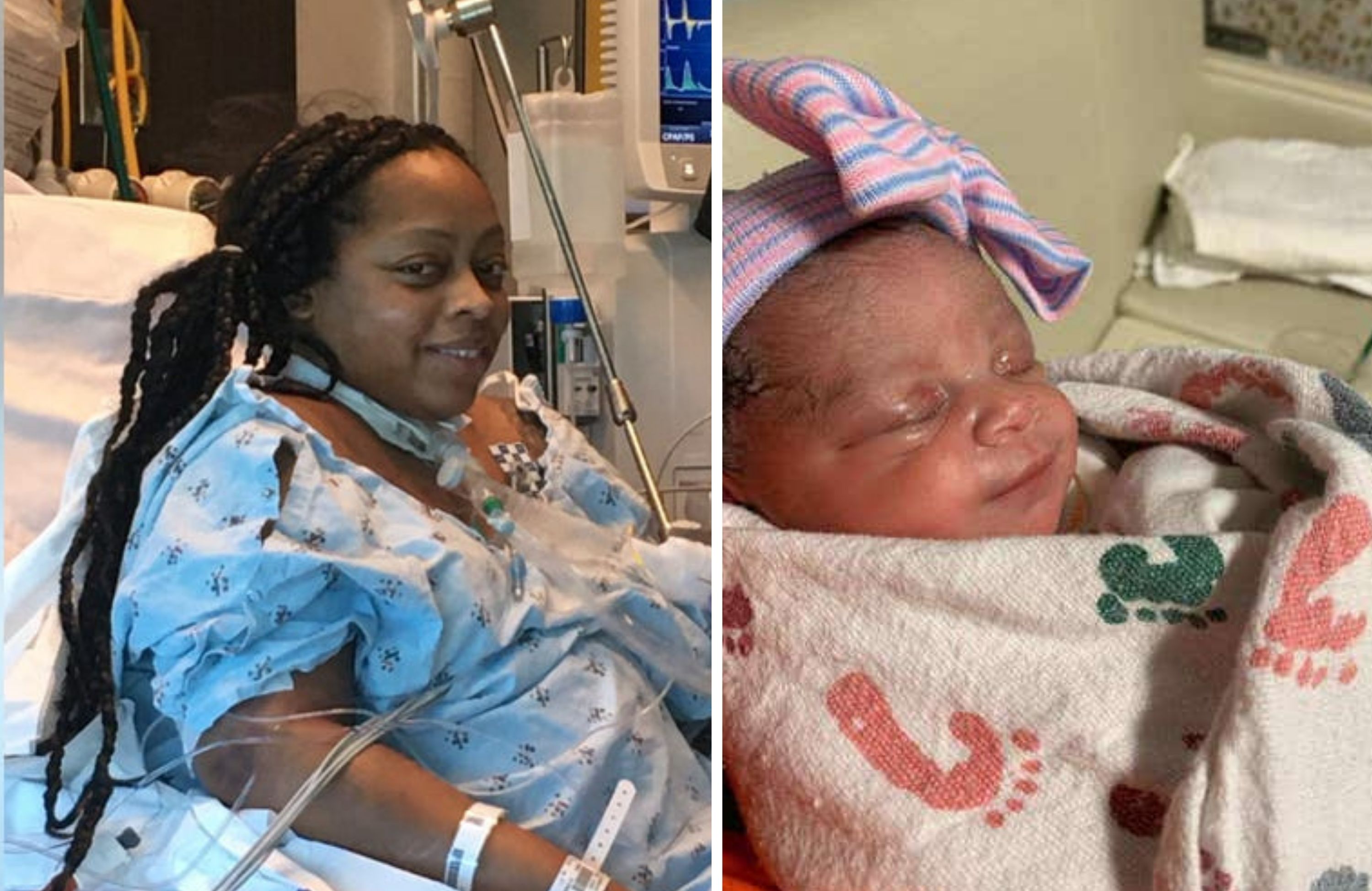 Sheenah Berry durante internação, e sua bebê Kensley logo após o parto. (Foto: Reprodução / Fox5Atlanta)