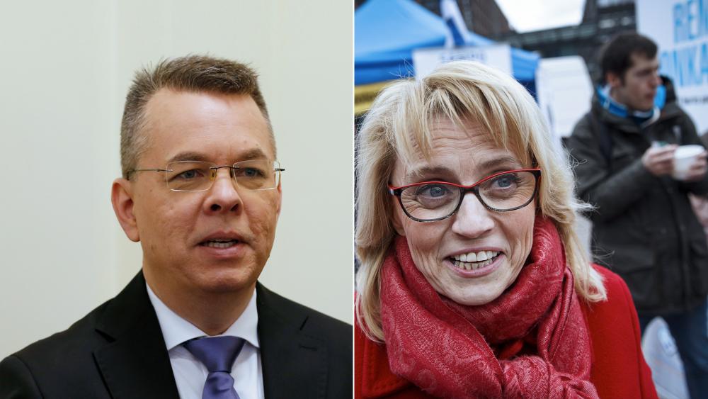 O pastor Andrew Brunson e a parlamentar finlandesa Päivi Räsänen. (Foto: Reprodução / CBN News)