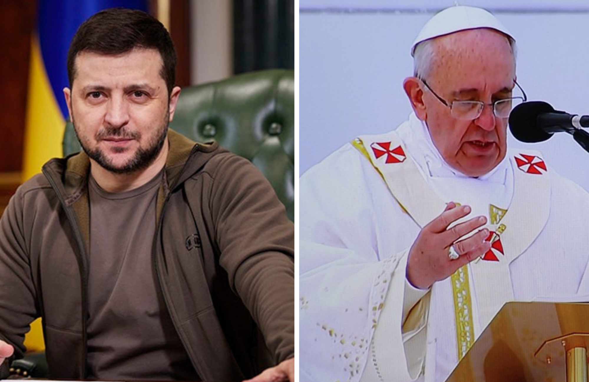 Volodymyr Zelensky (Foto: Reprodução Melanie Phillips / CC); Papa Francisco (Foto: Sebástian Freire / Flickr)