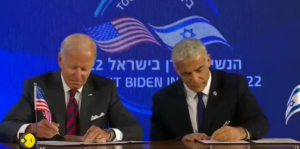 Presidente Joe Biden e primeiro-ministro Yair Lapid assinam 'Declaração de Jerusalém'. (Captura de tela WION)