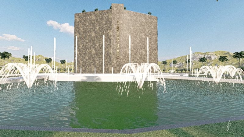 O monumento de mais de 40 metros de altura será uma Bíblia aberta sobre o mapa mundial. (Foto: Divulgação/A Hora).