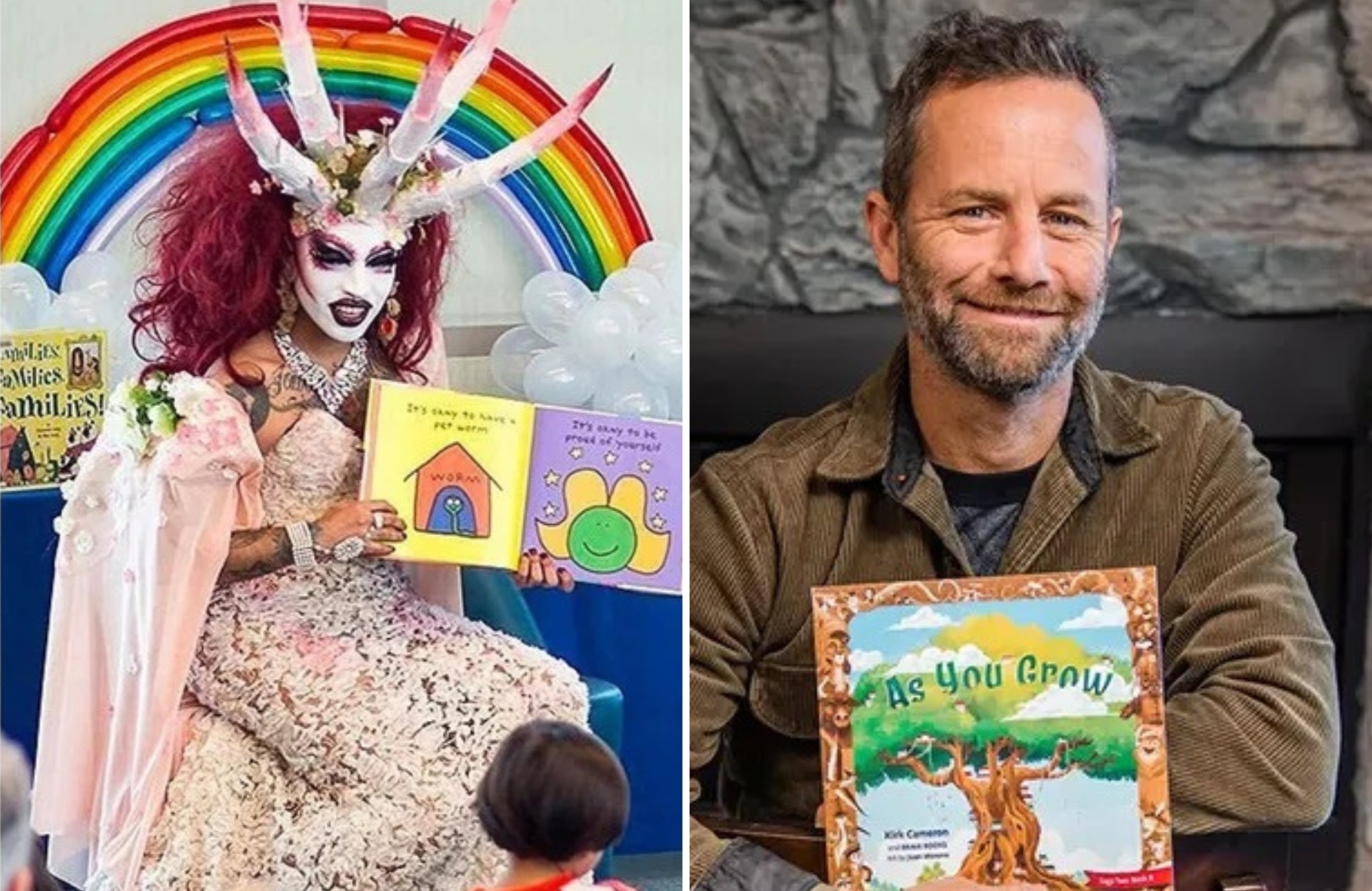 Kirk Cameron mostra seu livro infantil "As You Grow" [à dir.]; leituras por drag queens são aceitas em bibliotecas públicas. (Fotos: Brave Books/Relearn.org/Facebook)