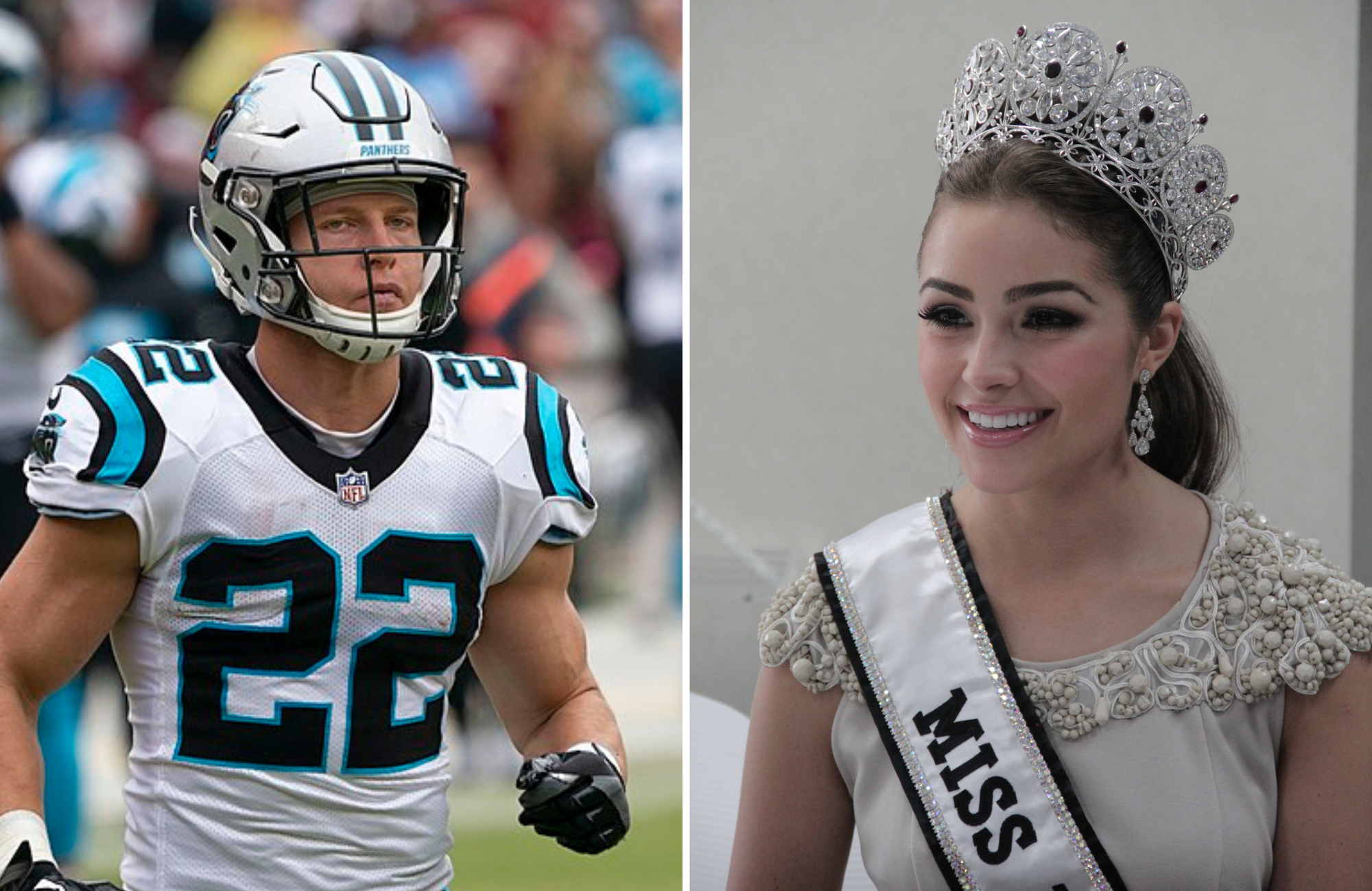 Olivia Culpo, vencedora do Miss Universo (Foto: U.S. Embassy, Jakarta). Christian McCaffrey (Foto: Keith Allison de Hanover/Creative Commons).