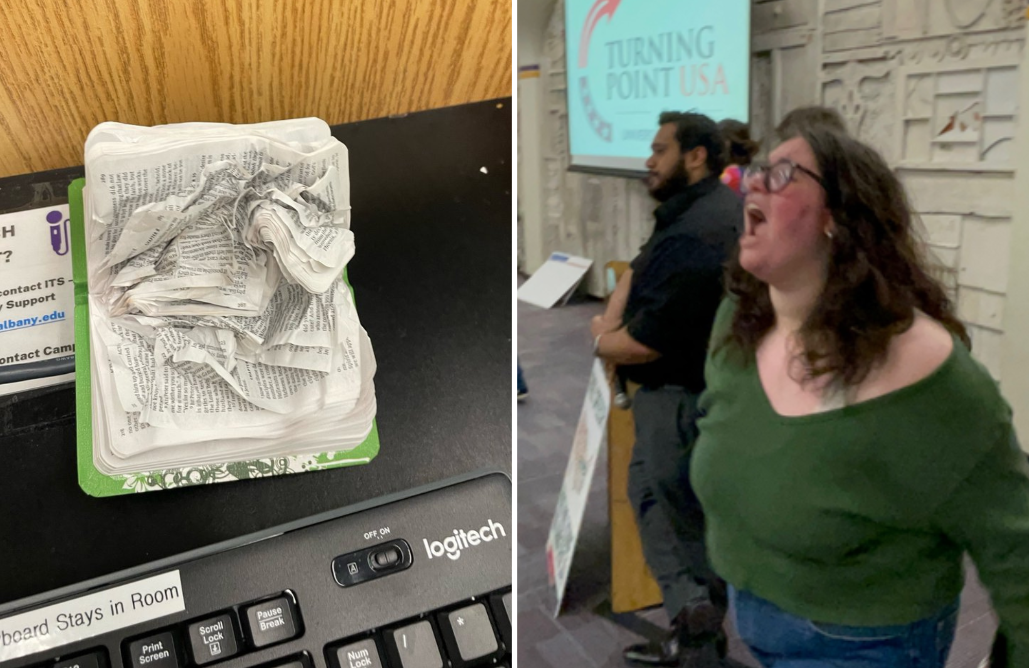 Manifestantes hostilizam palestrante em evento conservador da TPUSA; Bíblia destruída. (Foto: Twitter @ighaworth/TPUSA Upstate)