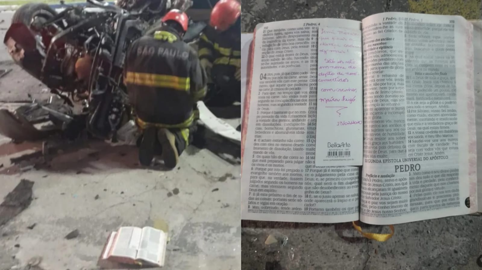 O exemplar estava ao lado do carro totalmente destruído, aberto no livro de 1 Pedro. (Foto: Plantão Guarajá).