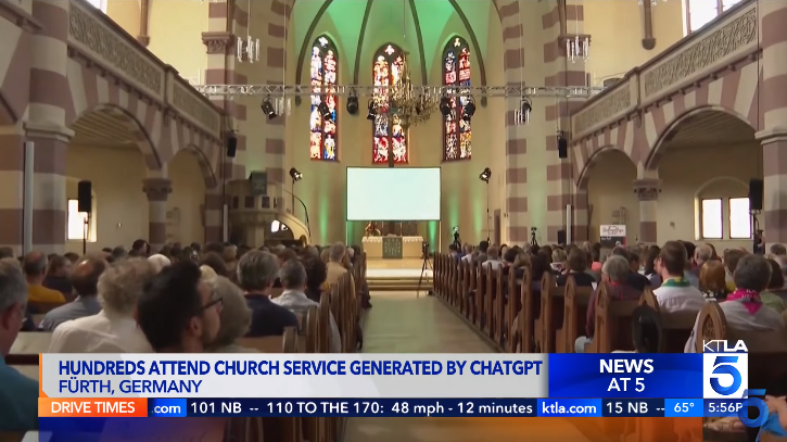 Através de avatares, a IA ministrou todo o culto. (Foto: Reprodução/YouTube/KTLA 5).