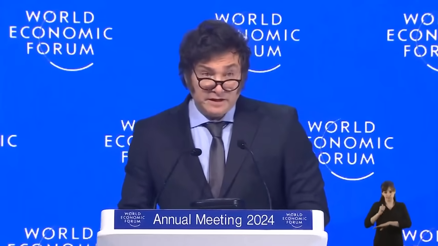 Javier Milei no Fórum Econômico Mundial, em Davos. (Captura de tela/YouTube/La Nacion)