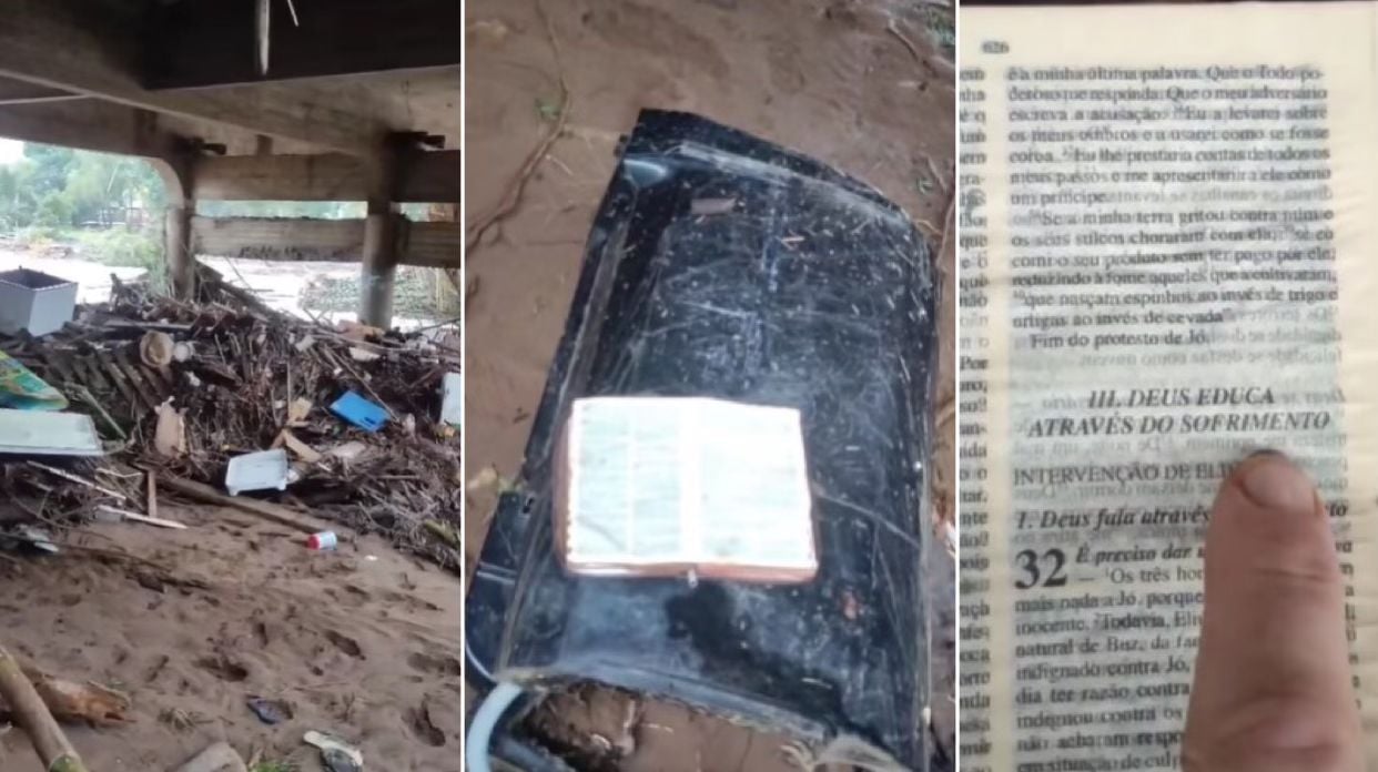Bíblia intacta é encontrada aberta em Jó, em meio a escombros no RS