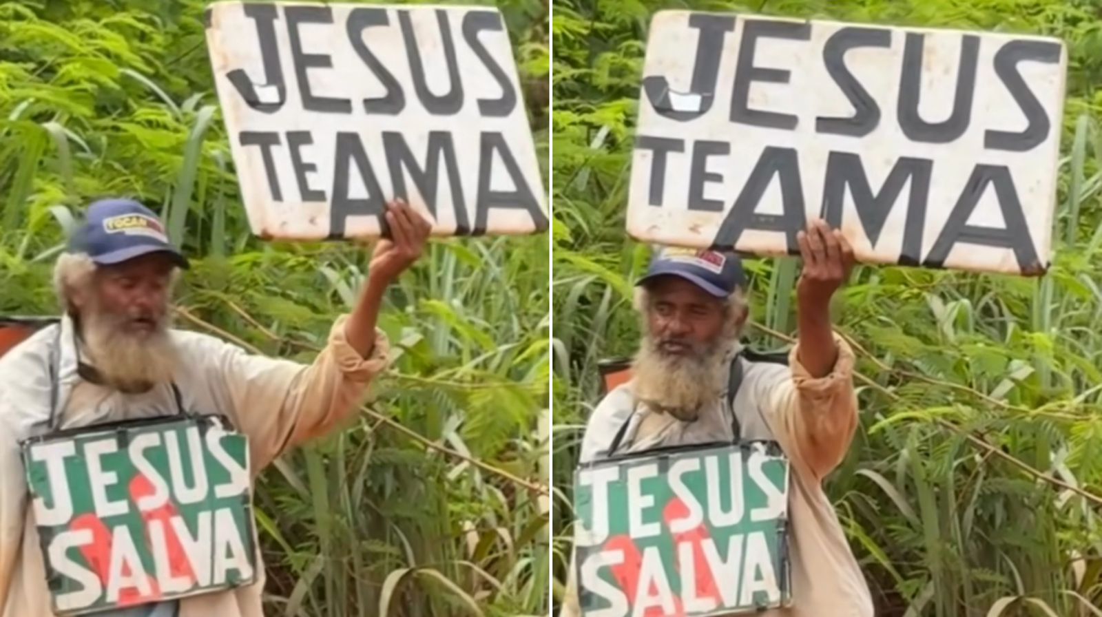 Idoso sem-teto prega a motoristas na beira da estrada: “Jesus te ama”