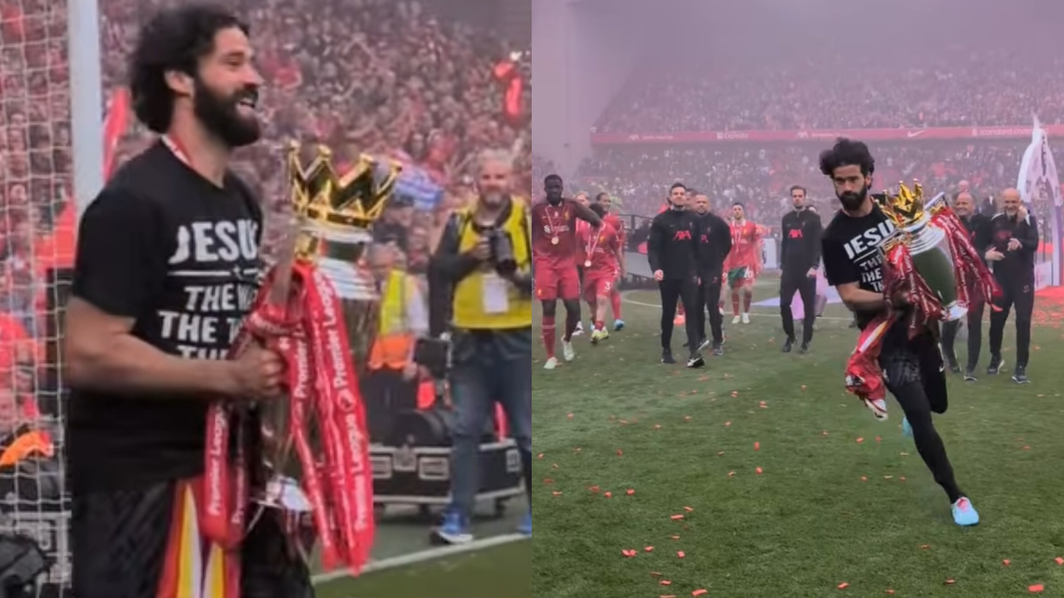 Alisson levanta taça da Premier League com camisa “Jesus é o caminho, a verdade e a vida”