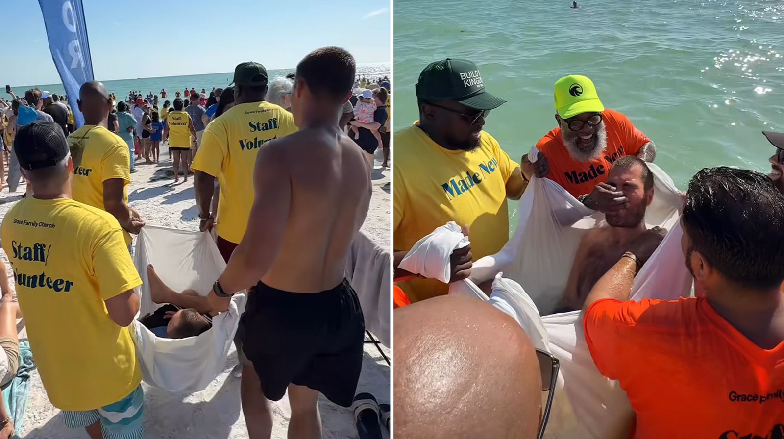 Paralítico é carregado por amigos para se batizar em praia nos EUA