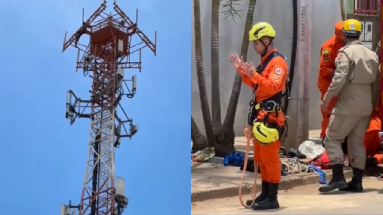 Bombeiro faz oração enquanto colega resgata homem de torre em Goiás