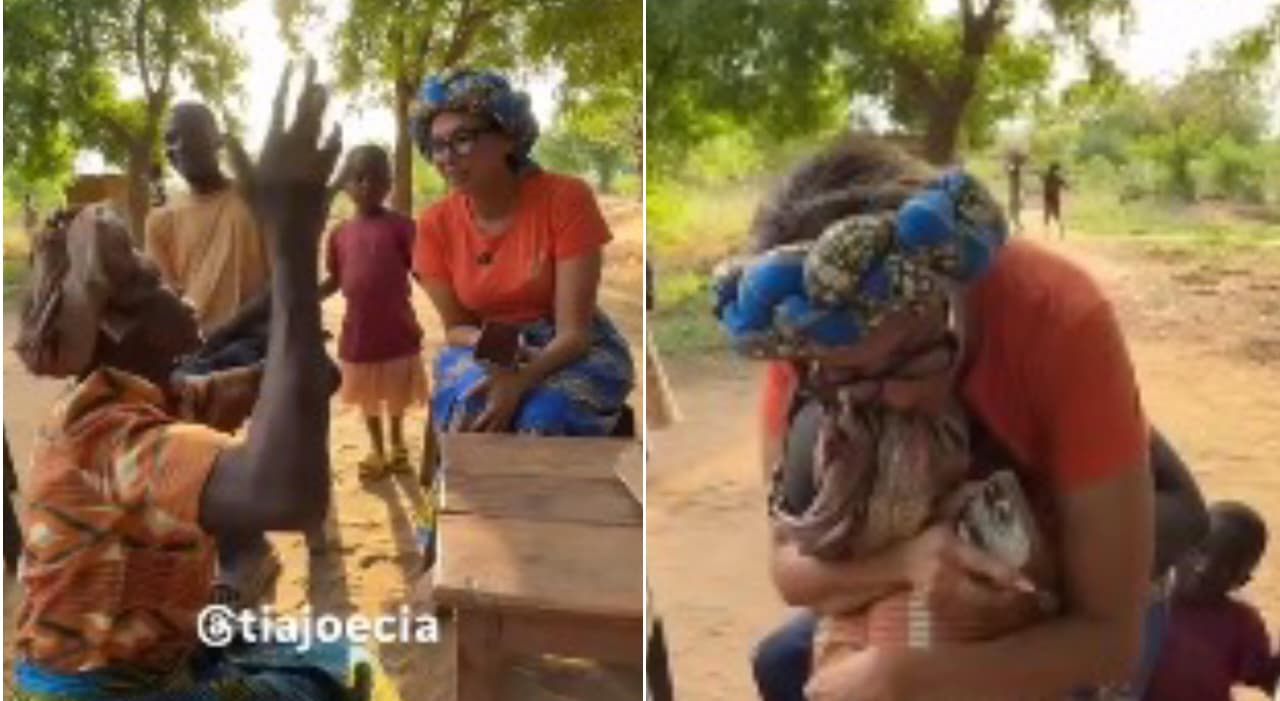 Africana agradece de joelhos por construção de igreja: ‘Antes era debaixo da árvore’