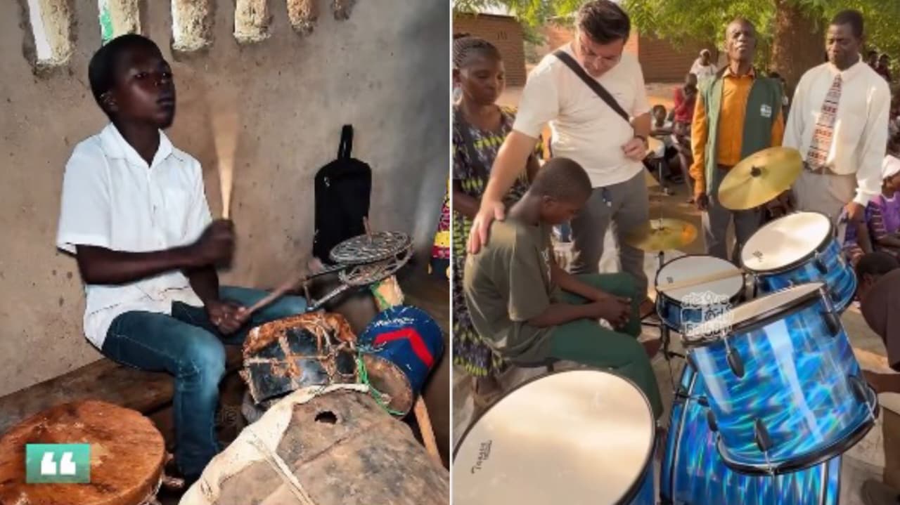 Menino africano que tocava na igreja com sucata ganha bateria: “Deus realizou seu sonho”