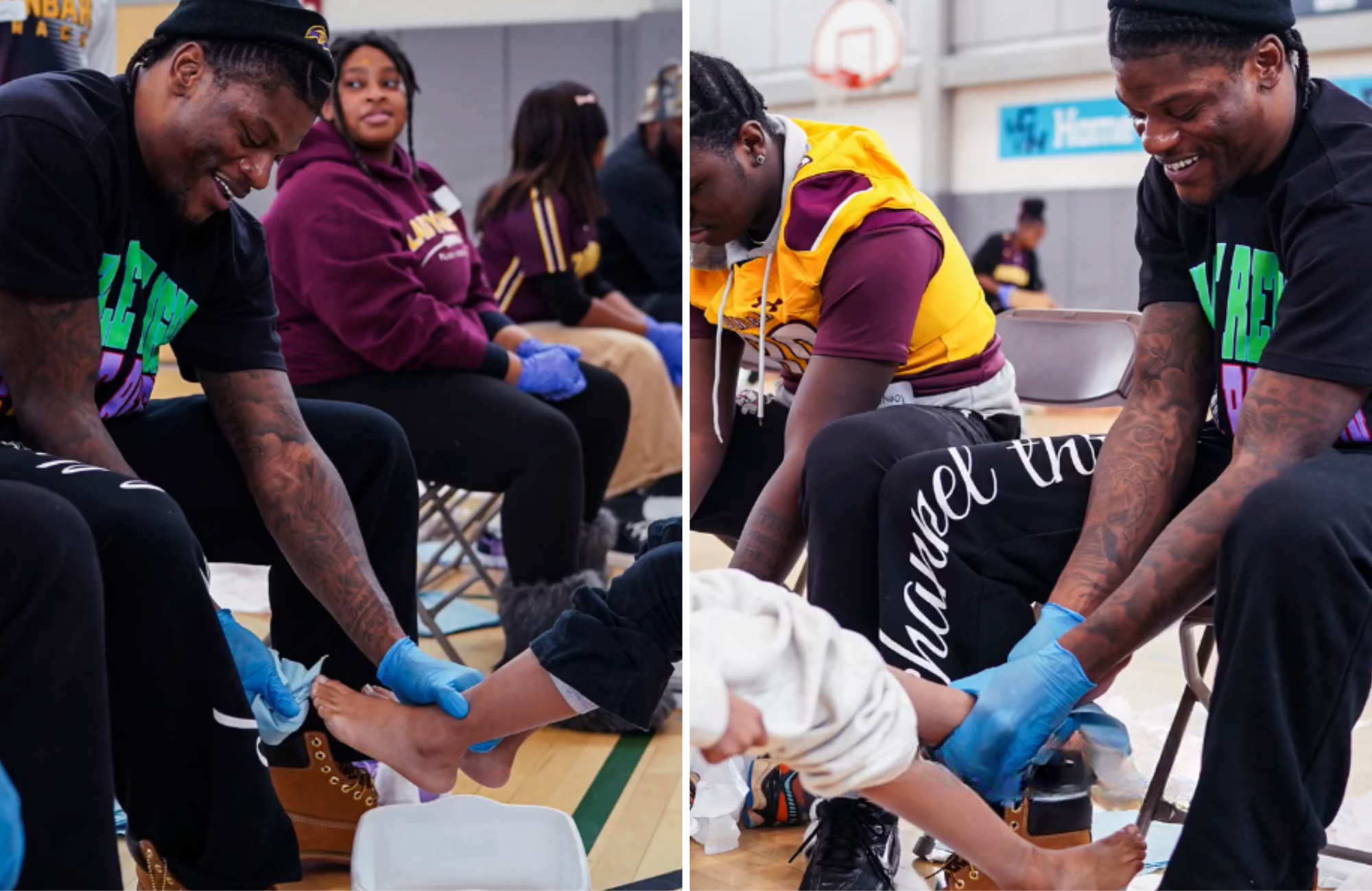 Jogadores da NFL lavam pés de crianças e entregam tênis a elas: ‘Semelhante a Cristo'