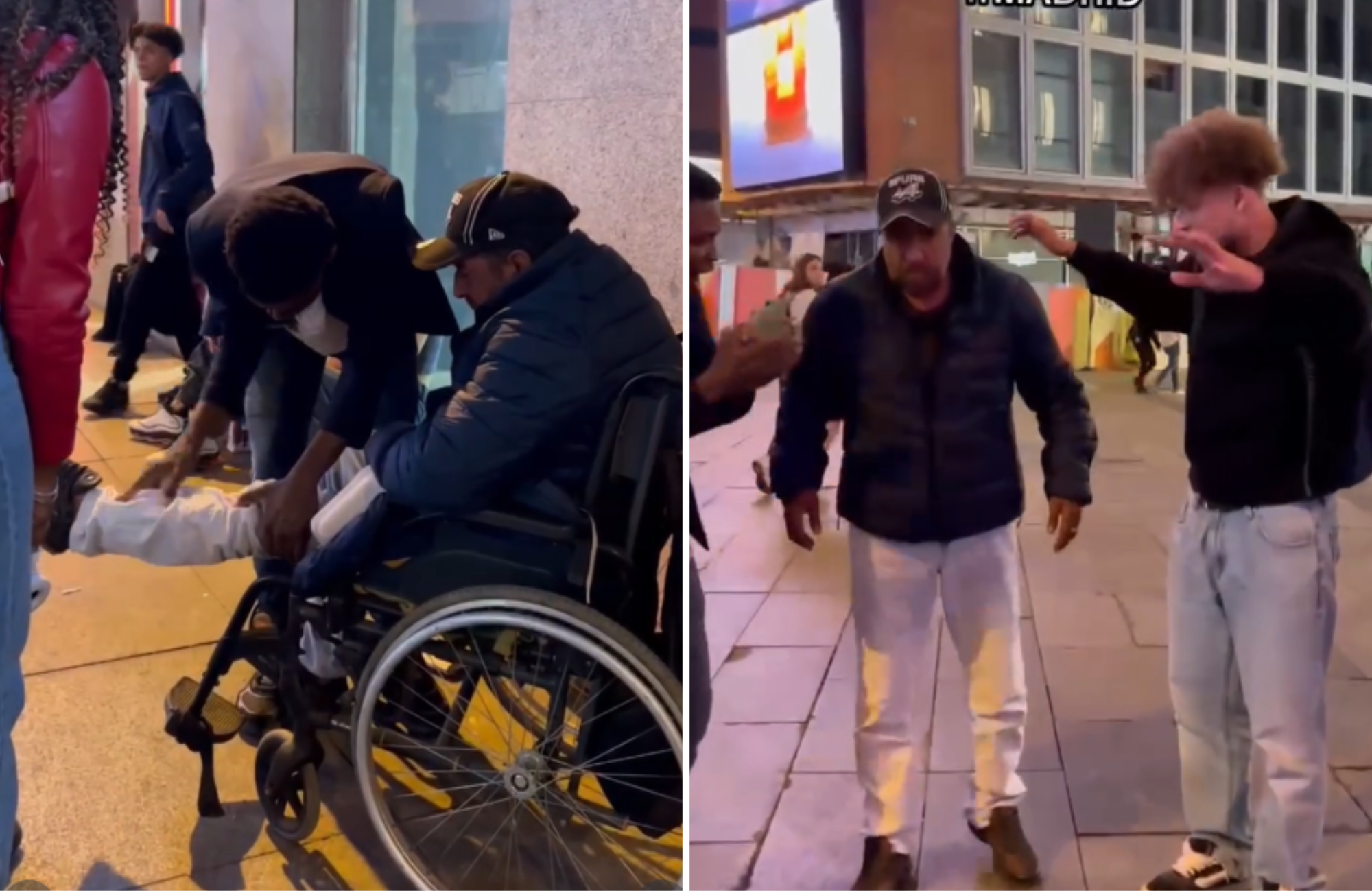 Homem se levanta da cadeira de rodas durante evangelismo de rua em Madri