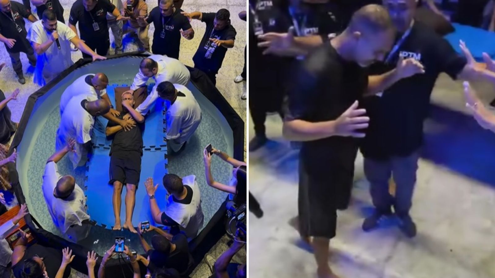 Homem com problema na coluna se levanta e anda após batismo em igreja no Rio