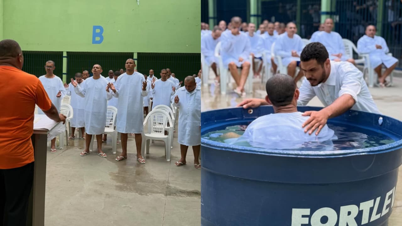 Presos louvam a Deus durante batismo em penitenciária do Piauí: “Liberdade em Cristo”