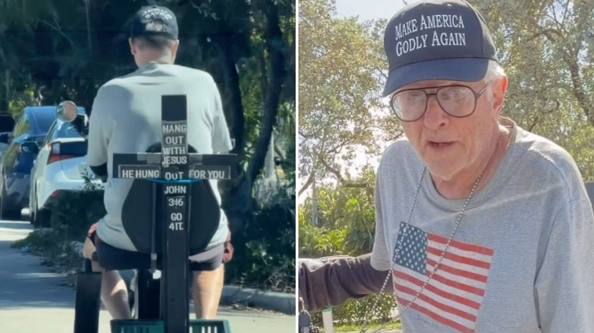 Idoso evangeliza com cruz em scooter e alerta jovens: ‘Se arrependam e voltem para Jesus’
