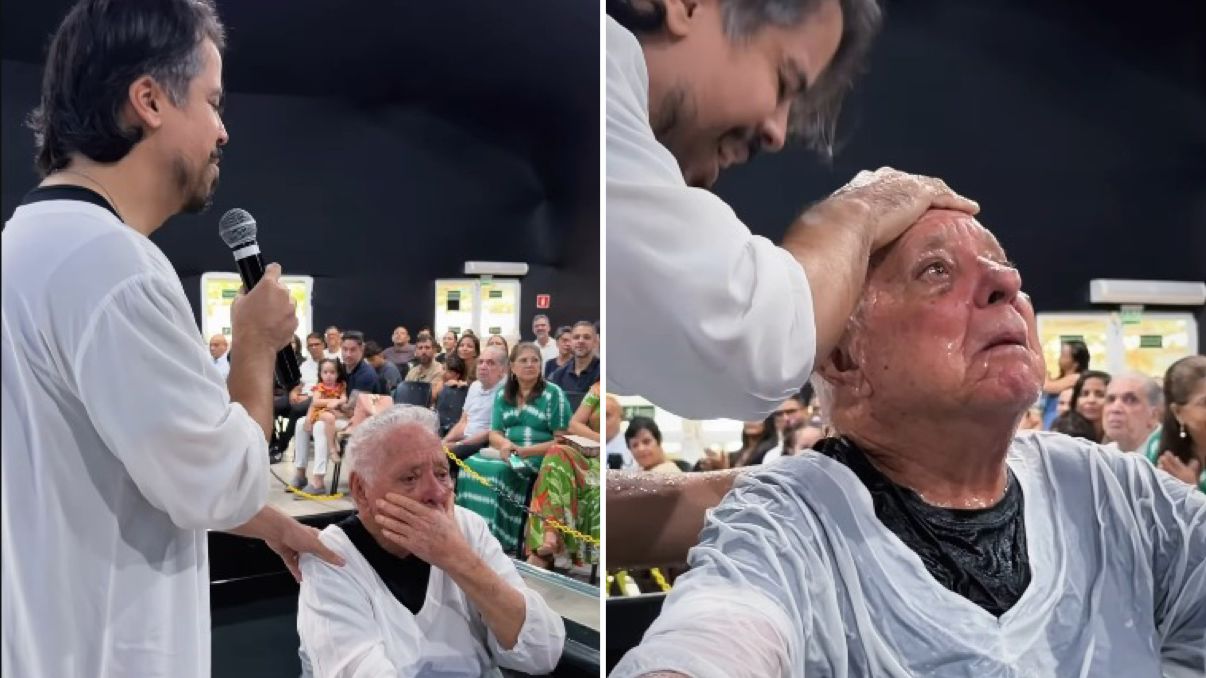 Idoso vai às lágrimas durante batismo na Bahia: “Vida nova aos 92 anos”