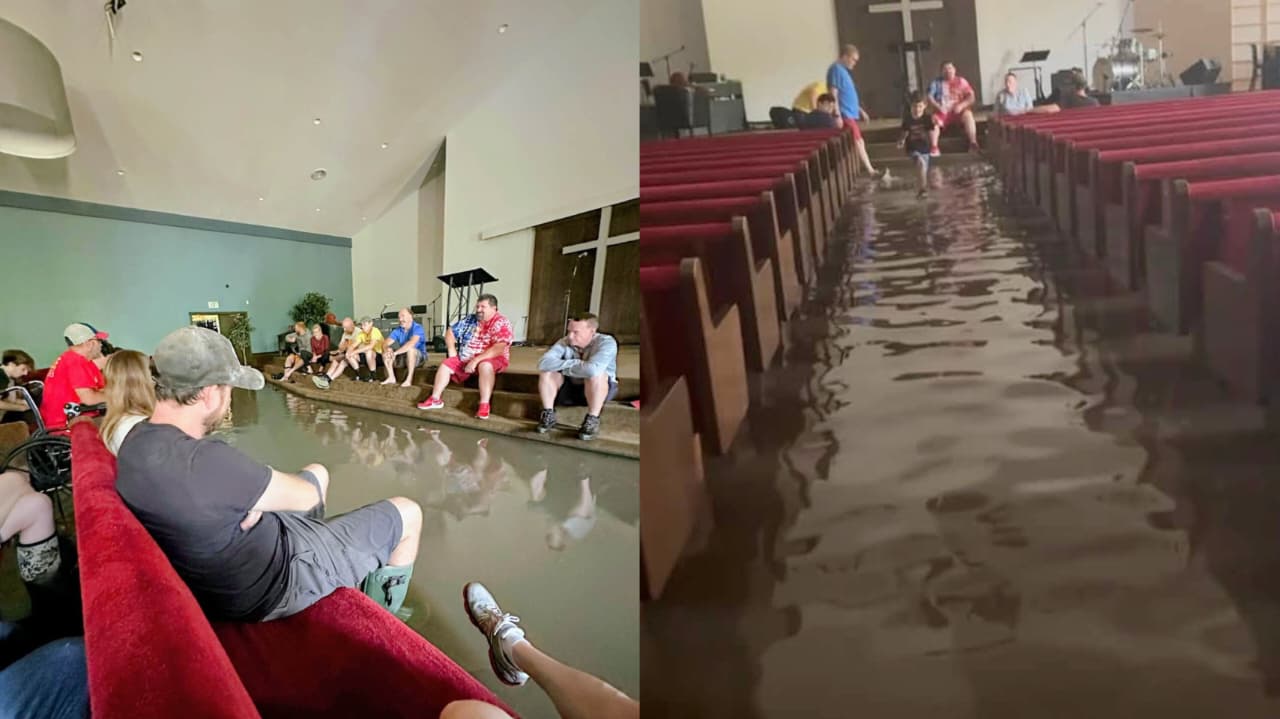 Mesmo com igreja alagada, cristãos cultuam a Deus nos EUA: “Louvamos na tempestade”