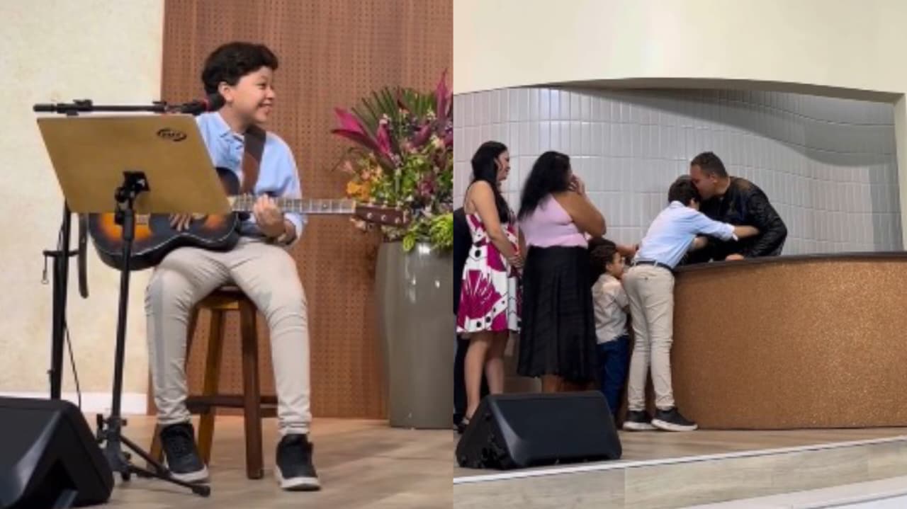 Enquanto tocava na igreja, menino se emociona ao ver pai se batizar de surpresa