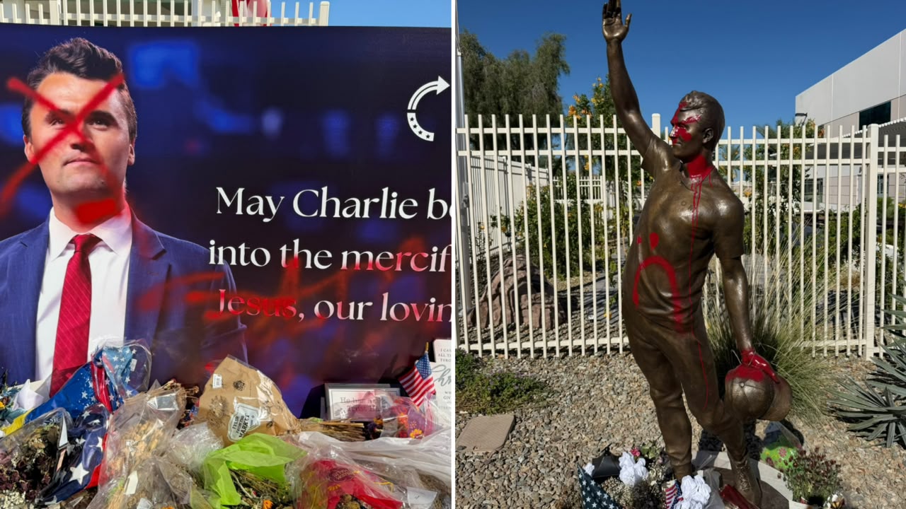 Estátua de Charlie Kirk é vandalizada em memorial de um ano de sua morte nos EUA 