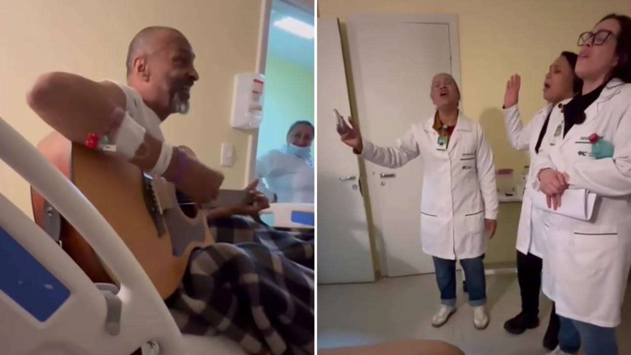 Homem com câncer avançado inspira ao louvar no leito com equipe médica